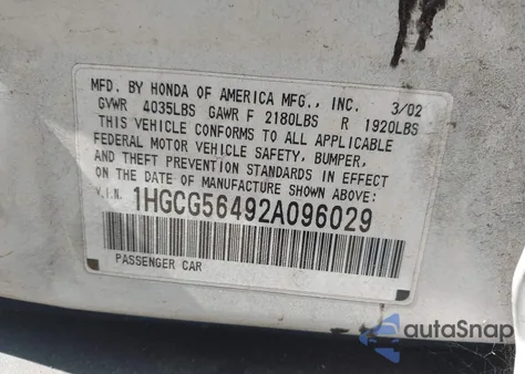 2002 Honda Accord 2.3 Lx из США, поврежденный, VIN 1HGCG56492A096029